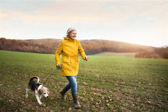 Senior woman with dog on a walk in an autumn nature Senior woman with dog on a walk in an autumn nature