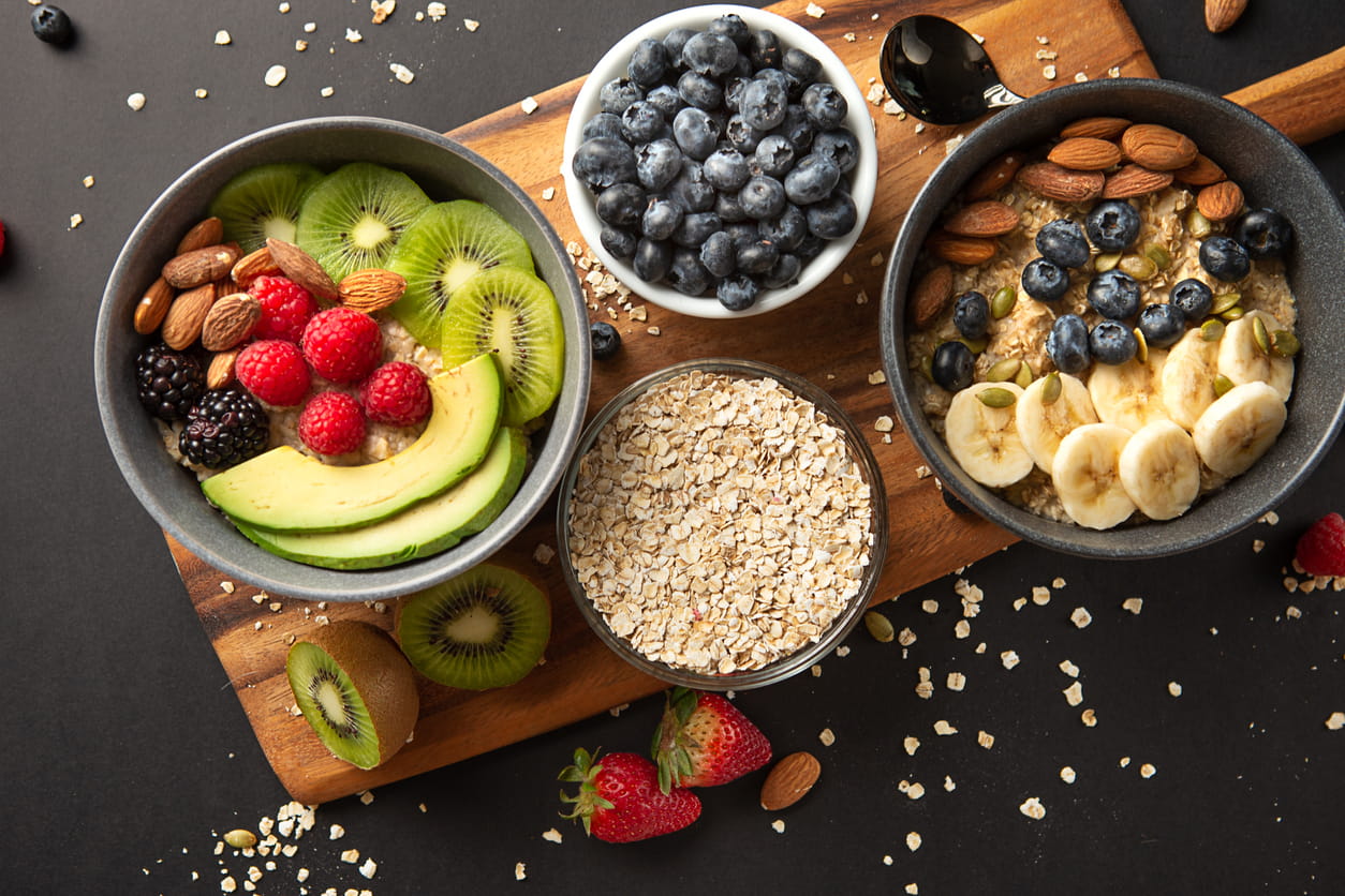 Bowls of oatmeal with mixed fruits
