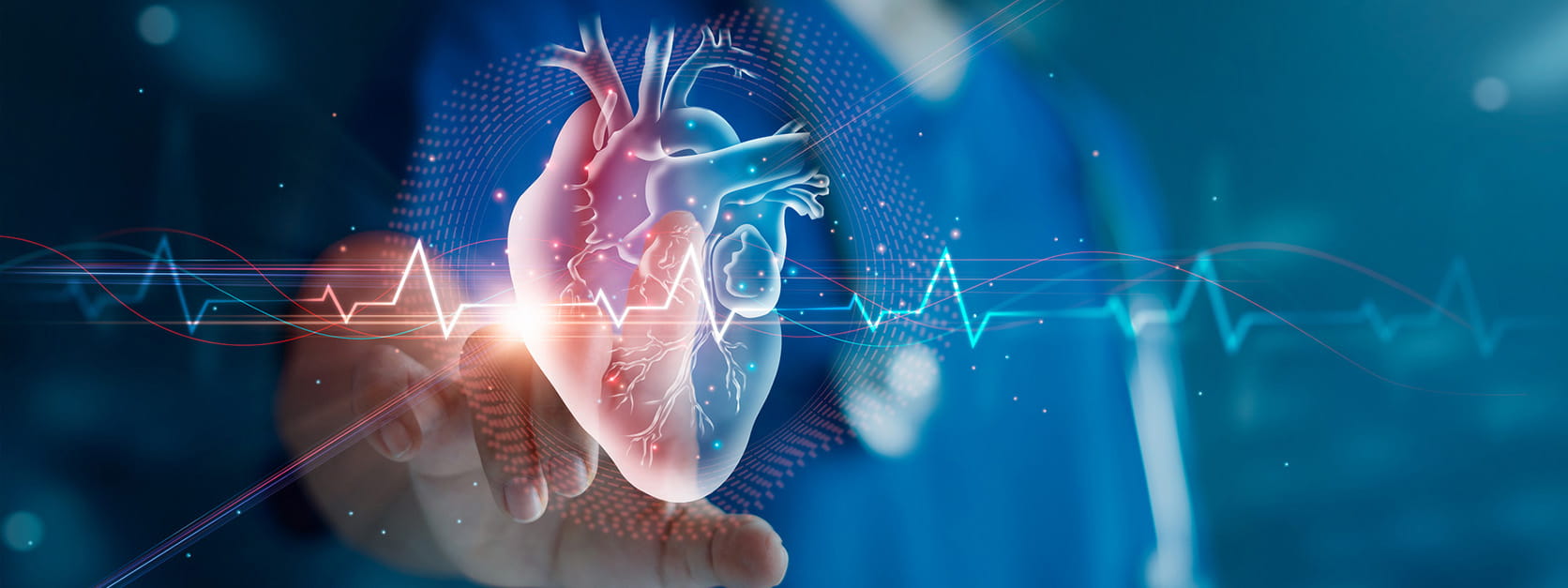 Abstract representation of a cardiologist examining a heart and blood vessels on virtual interface