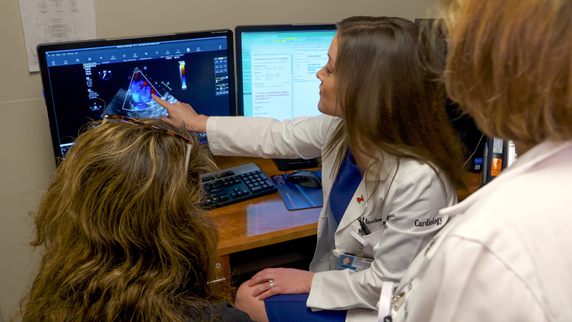 Doctors analyzing heart scan on computer