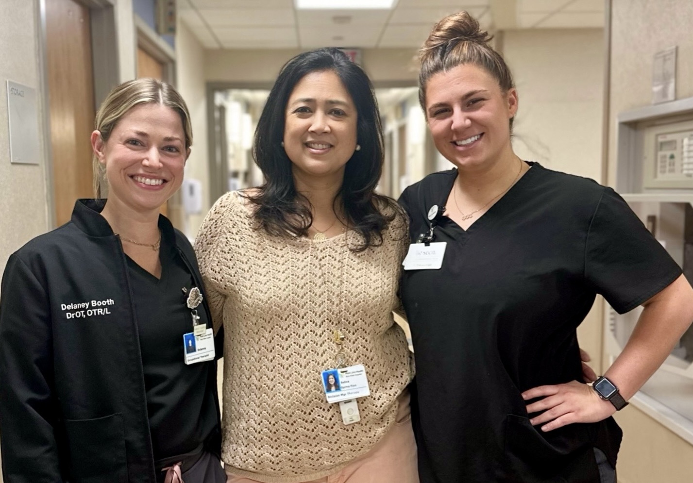 Nikki Weiss, Physical Therapist; Selina Opimo Finn, Therapy Manager; and Delaney Booth, Occupational Therapist. Nikki and Delaney were instrumental in promoting the effectiveness of LiteGait.