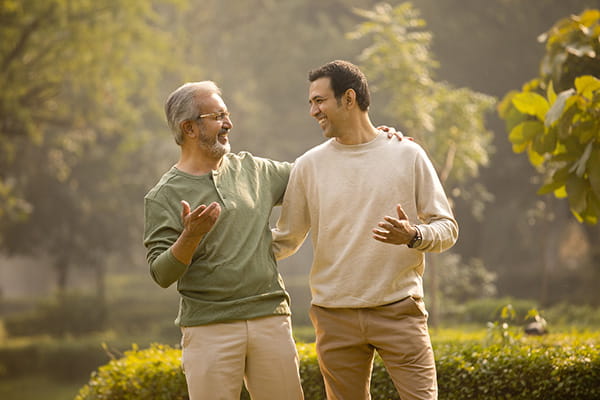 Father and son on a walk outside